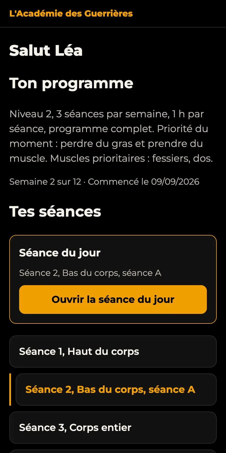 Un programme de musculation personnalisé dans l'application de L'Académie des Guerrières